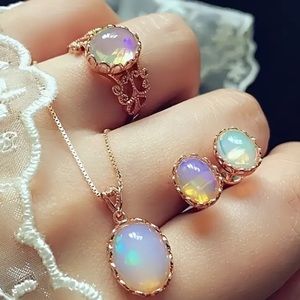 NEW Vintage Style Opal Set of Pendant Necklace Ring & Stud Earrings Rose Gold